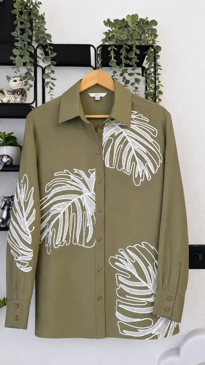 Next Oversized Embroidered Leaf Shirt Blouse UK 14 Khaki Green