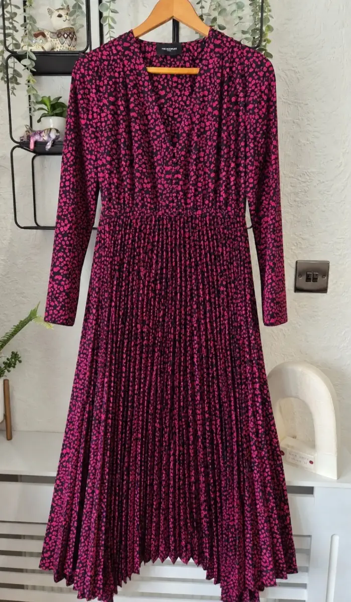 The Kooples Paris Pink & Black Ditsy Floral Pleated Midi Dress UK 12