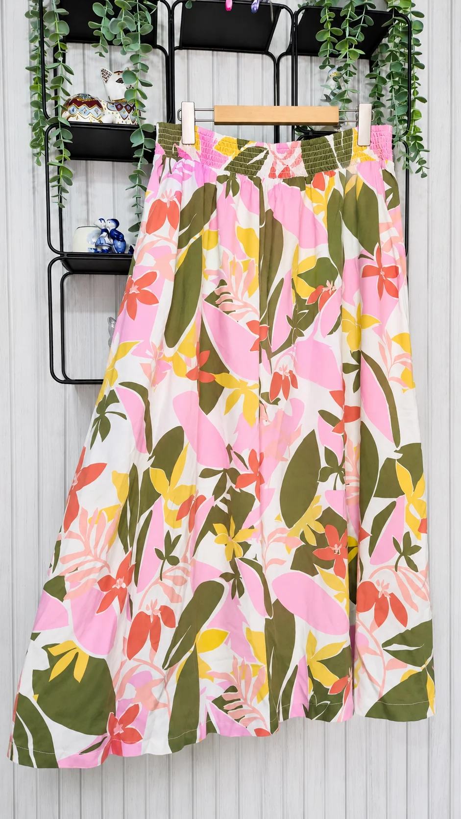 Brakeburn Tropical Floral Midi Skirt Size 12 Pink Boho Pockets