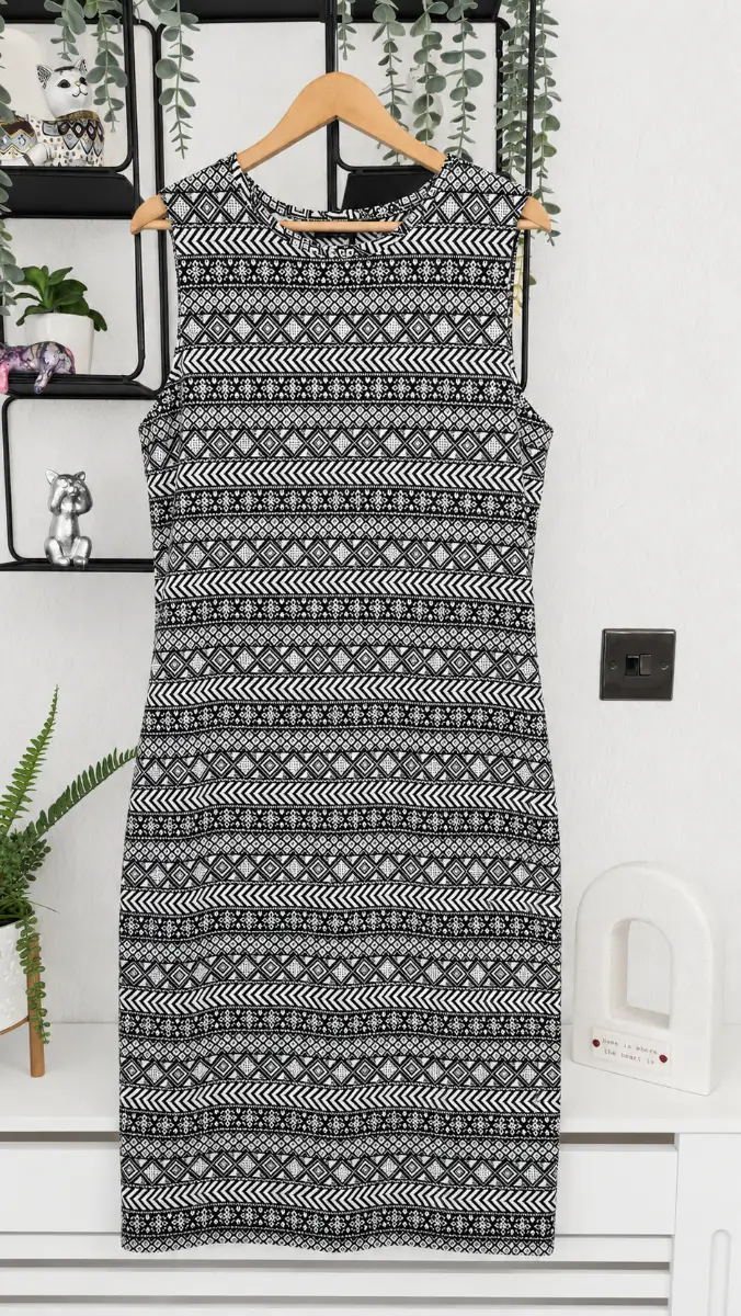 M&S Limited Edition Black & White Aztec Print Bodycon Midi Dress UK 14
