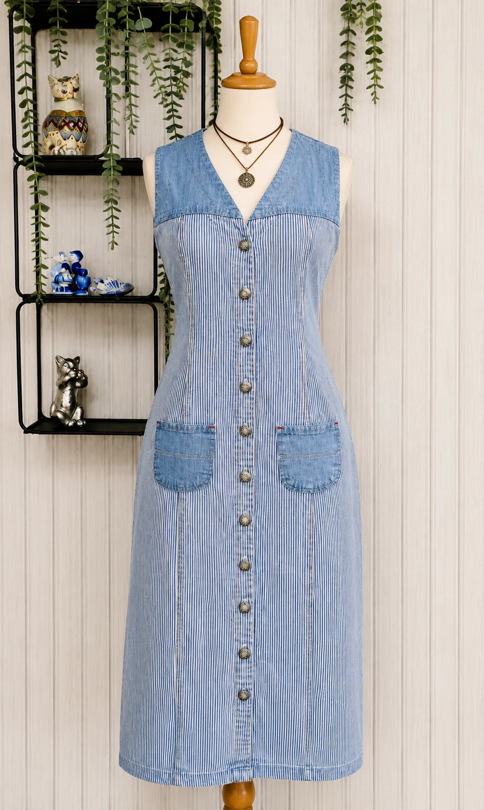 Vintage 90s Tickets USA Denim Maxi Dress Hickory Stripe Y2K Western XS