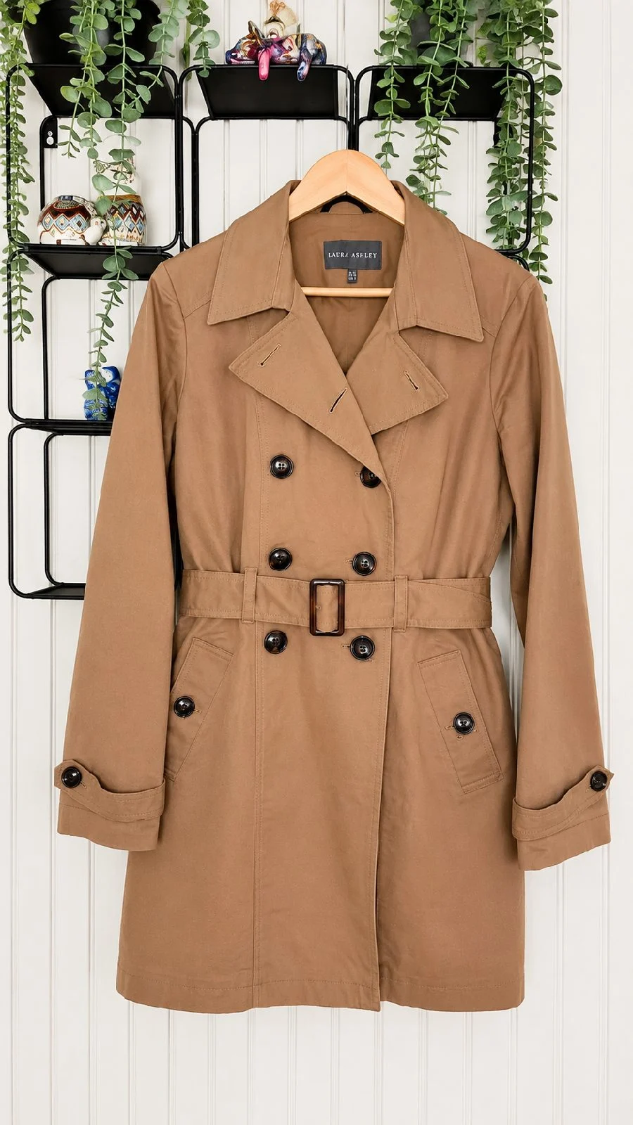 Laura Ashley Camel Tan Belted Trench Coat UK 14 Cotton Polka Dot Lining