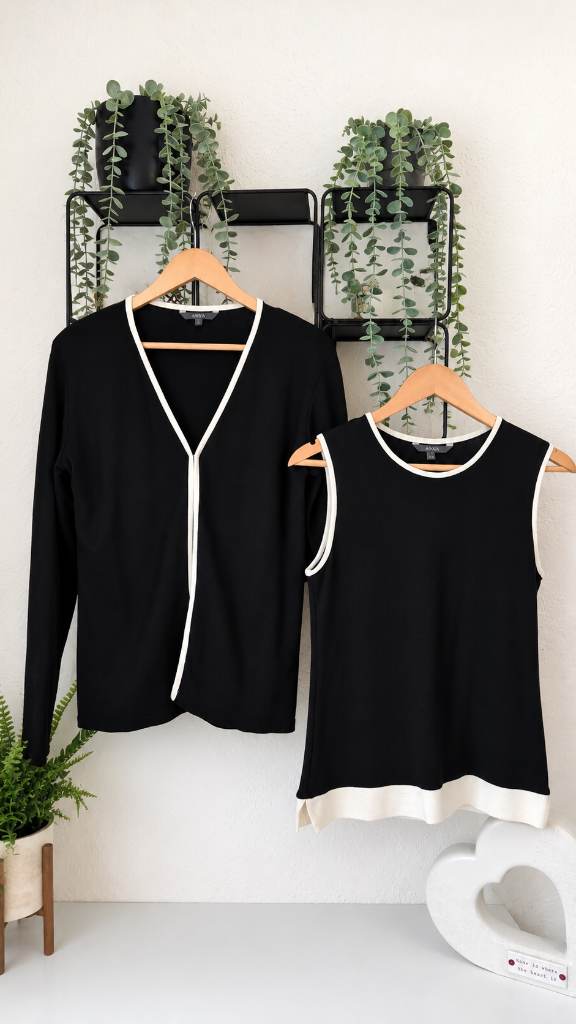 ANYA Black & Cream Classic Twin Set Cardigan & Sleeveless Top UK 10/12