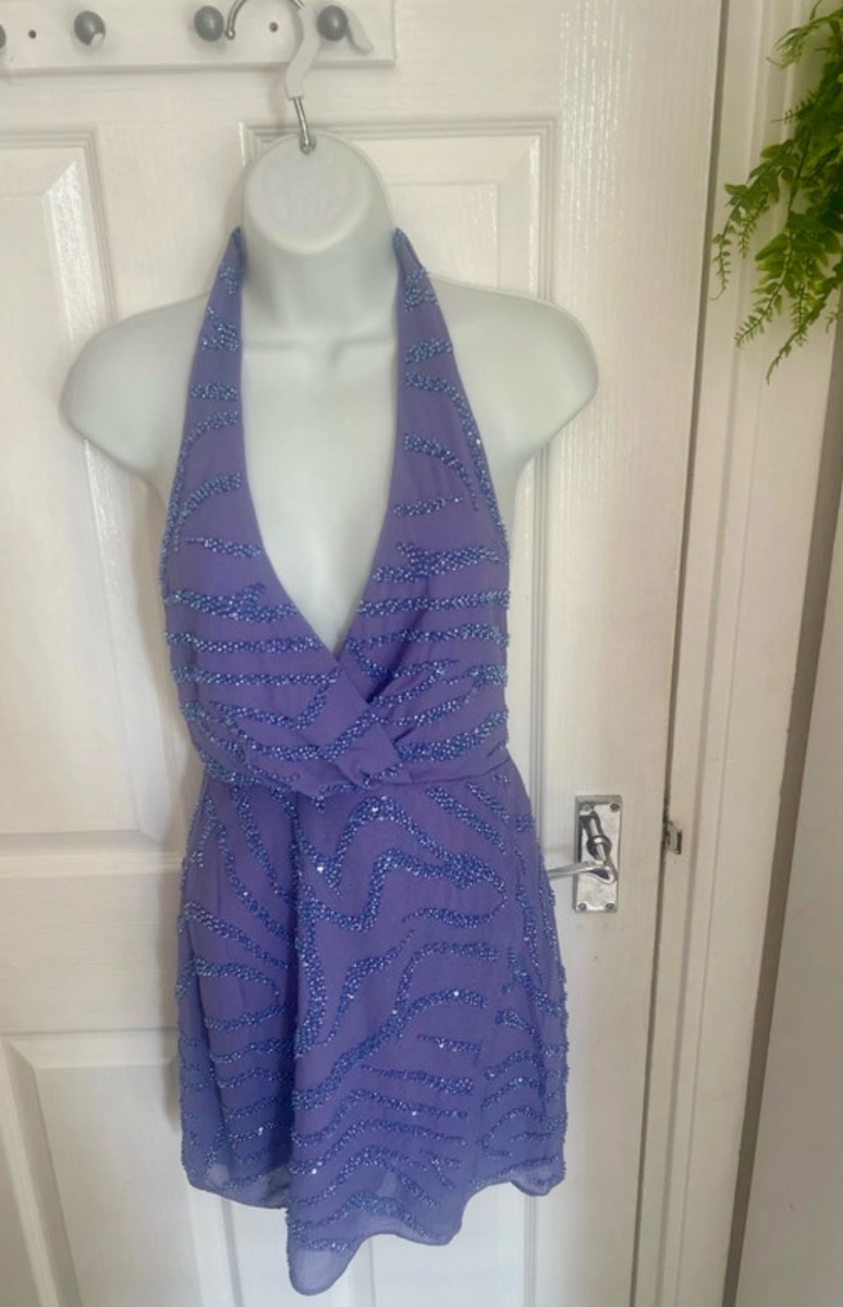BNWT Oh Polly Lavender Beaded Halterneck Plunge Mini Dress - UK Size 8