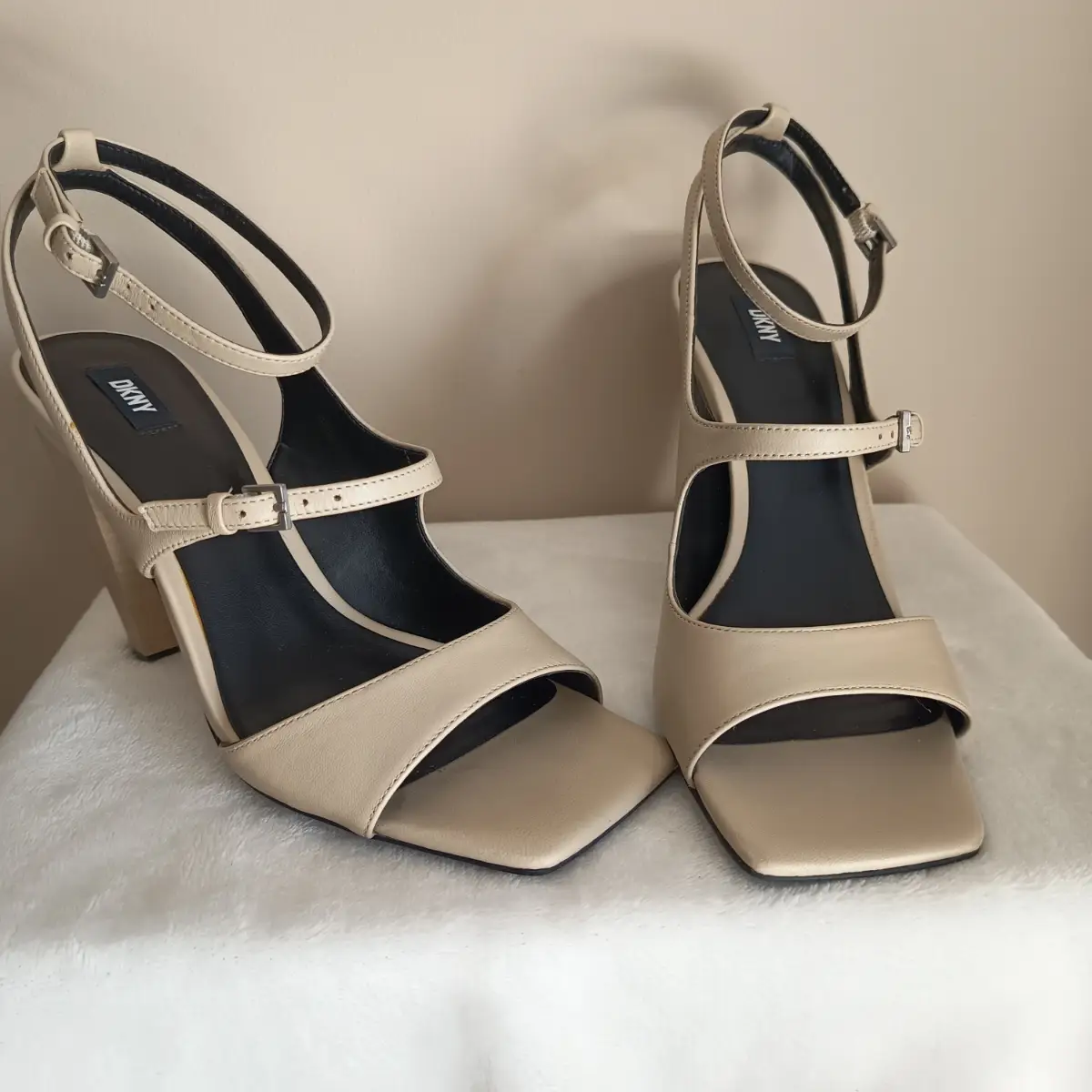 DKNY Nude Leather Square Toe Cone Heel Sandals – Size UK5