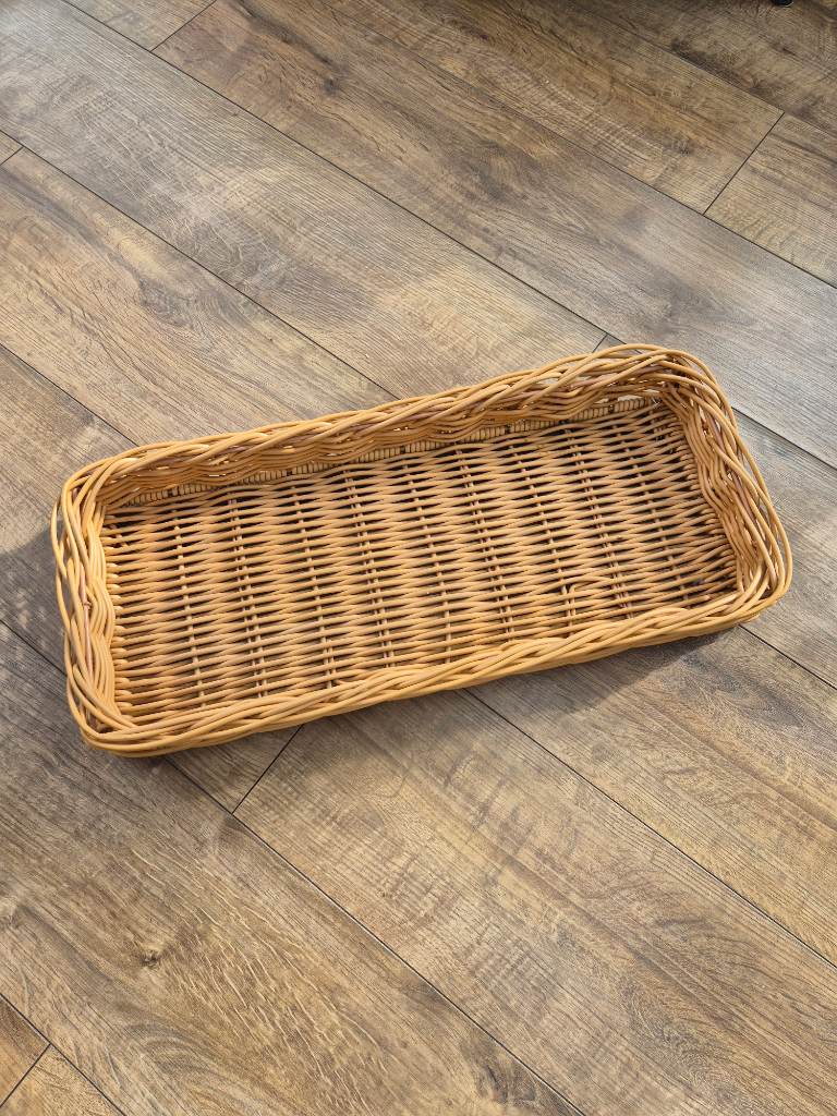 Long rattan wicker tray basket farmhouse cottagecore kitchen organisation storage solution