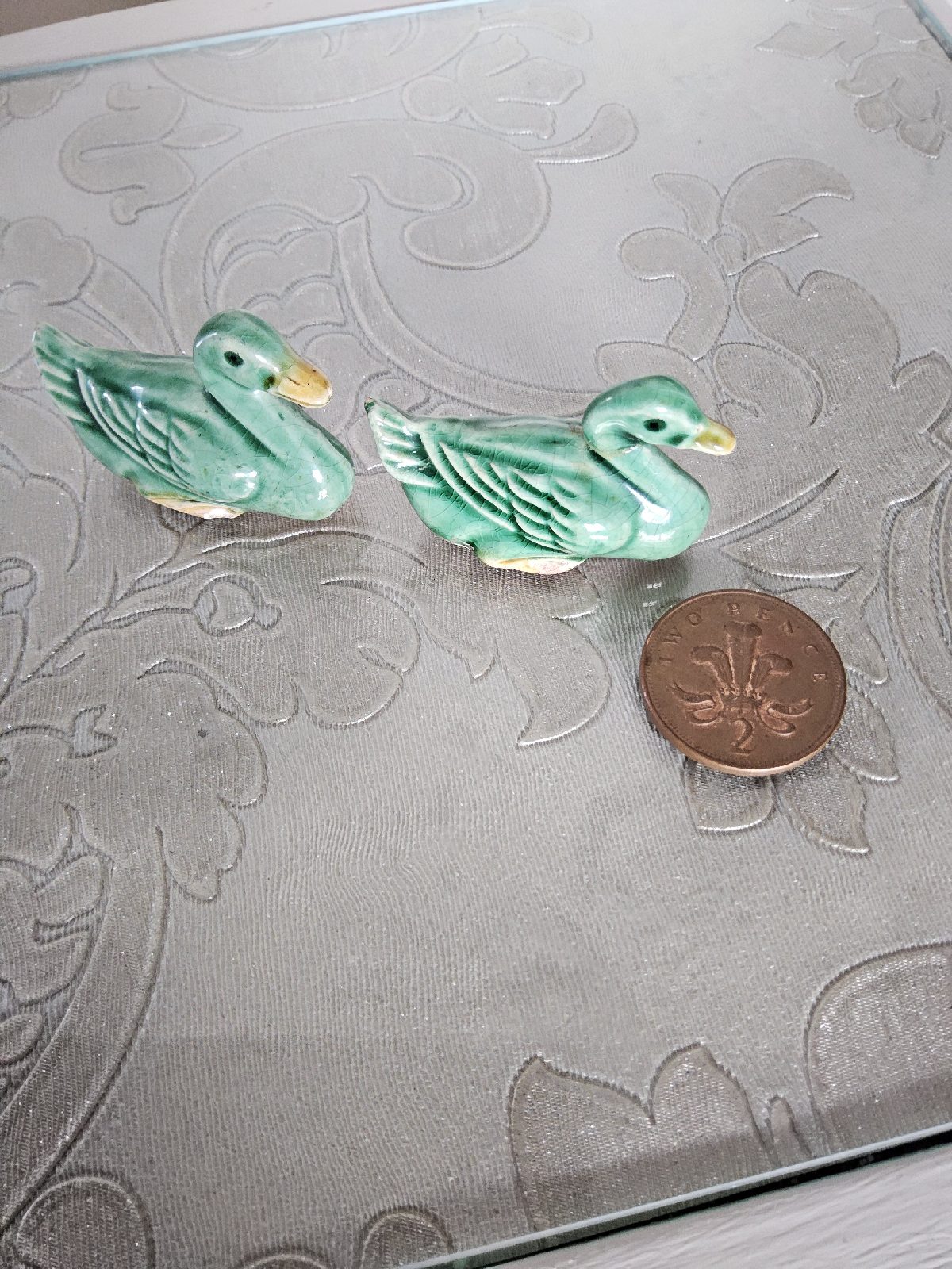 Vintage Miniature green duck ornament pair curiosity