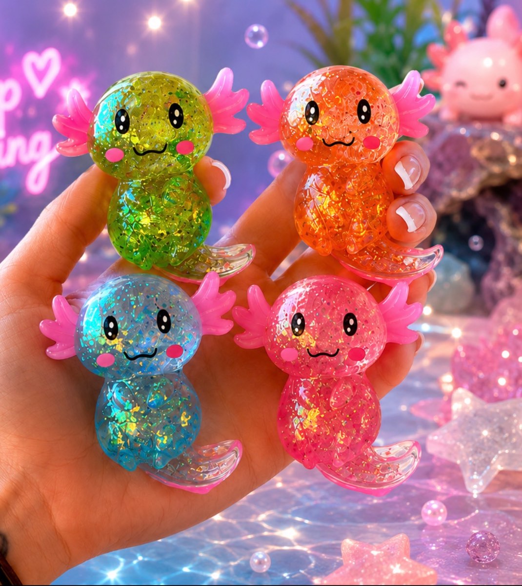 Glitter Axolotl Squishy Toy | Stretchy Kawaii Fidget Sensory Stress Relief