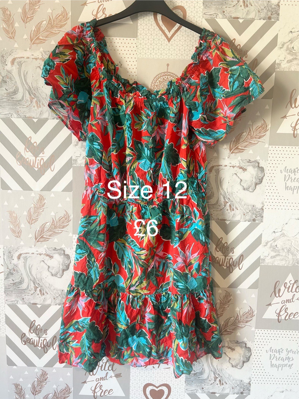 Red Tropical Floral Off Shoulder Summer Dress Size 12
