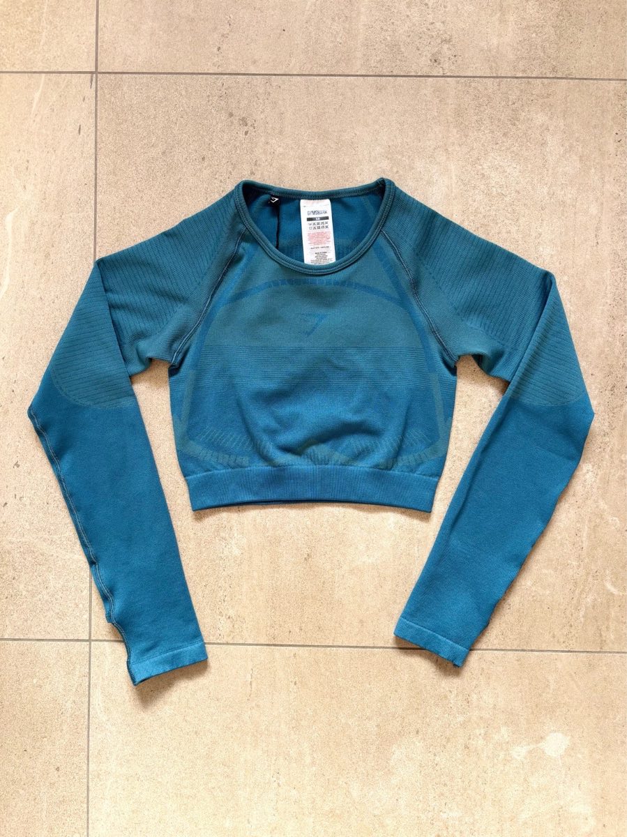 BNWT Gymshark Geo Ombre Seamless Long Sleeve Crop Top — Size XS — Teal Blue — Cutout Back