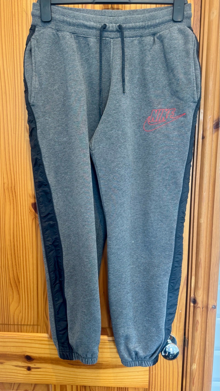 Nike Hybrid Fleece-lined Grey Jog Pants with Black Side Panels & Red Logo Size M