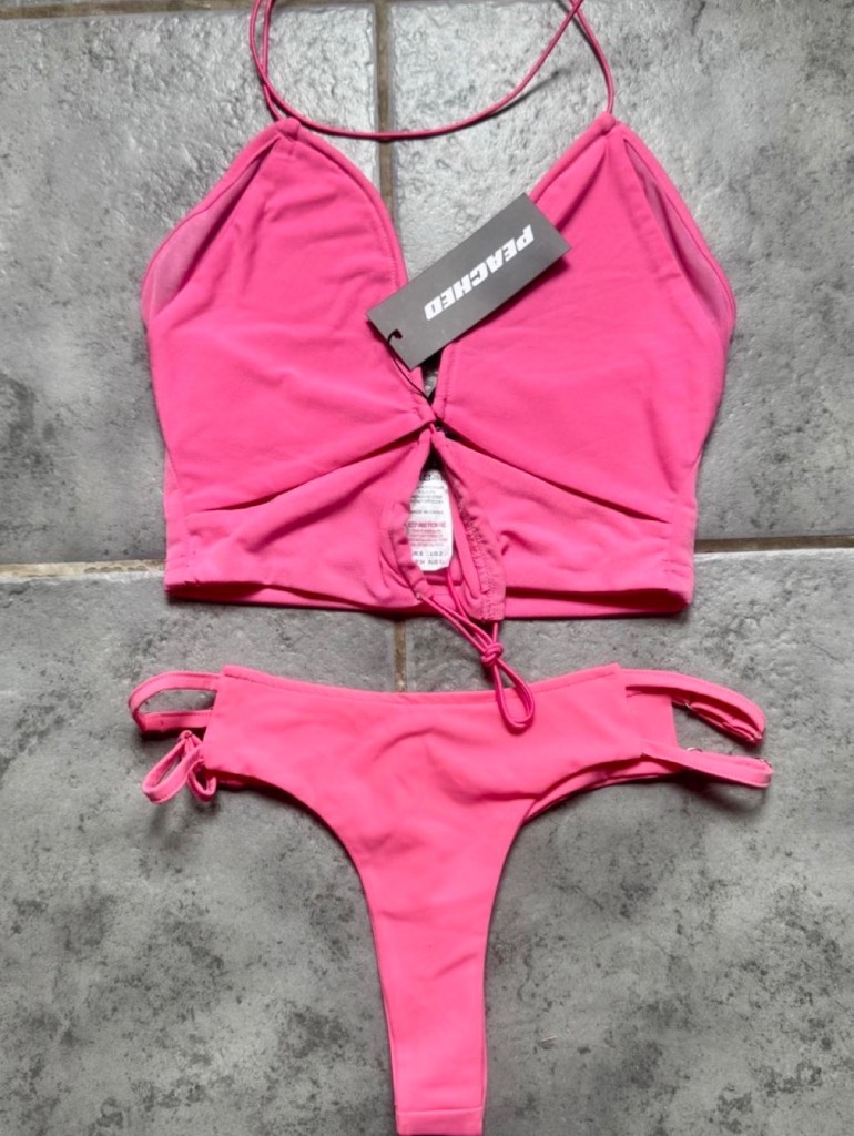 Lace Up Mesh Panelled Top & Strappy Thong Bikini Bottom Co-ord - Size 6 - BNWT