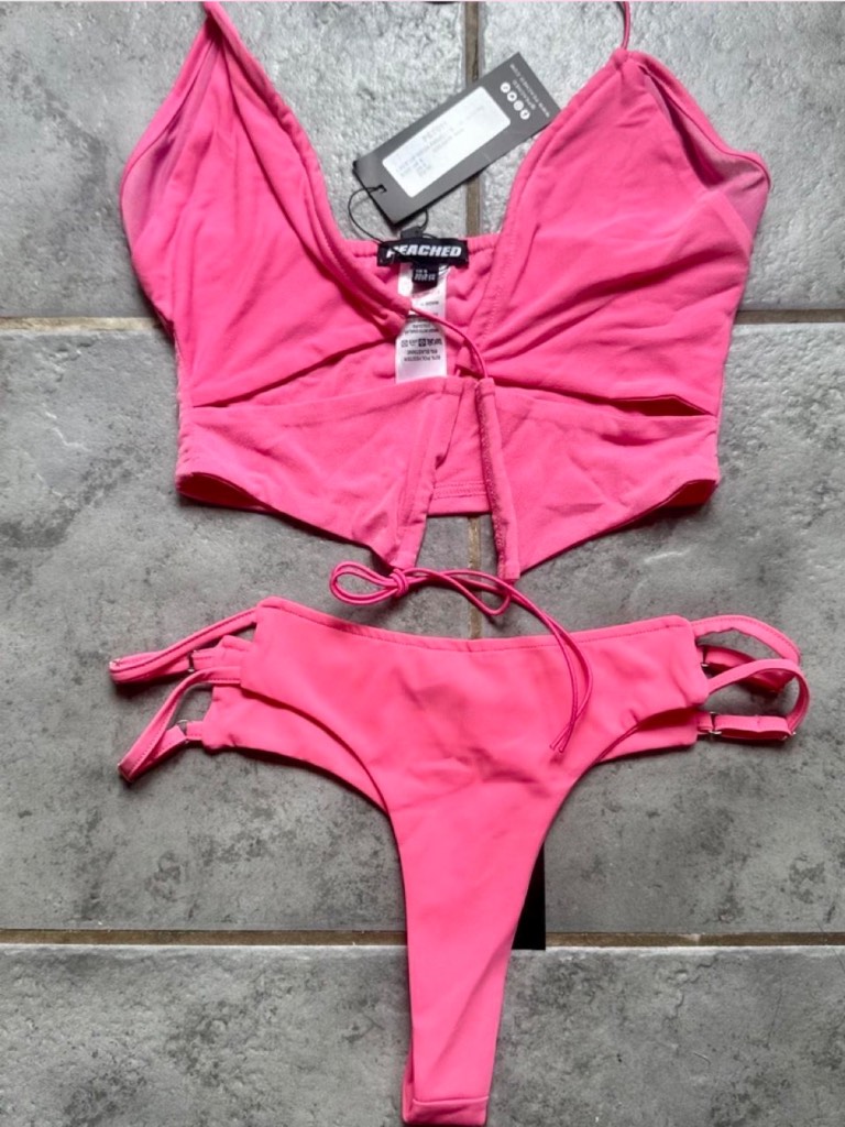 Lace Up Mesh Panelled Top & Strappy Thong Bikini Bottom Co-ord - Size 8 - BNWT
