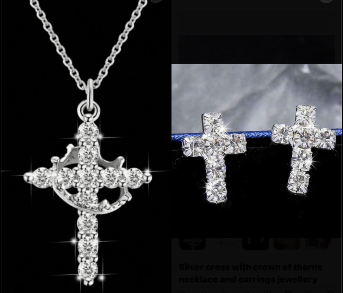 Silver cross with crown of thorns necklace and earrings jewellery