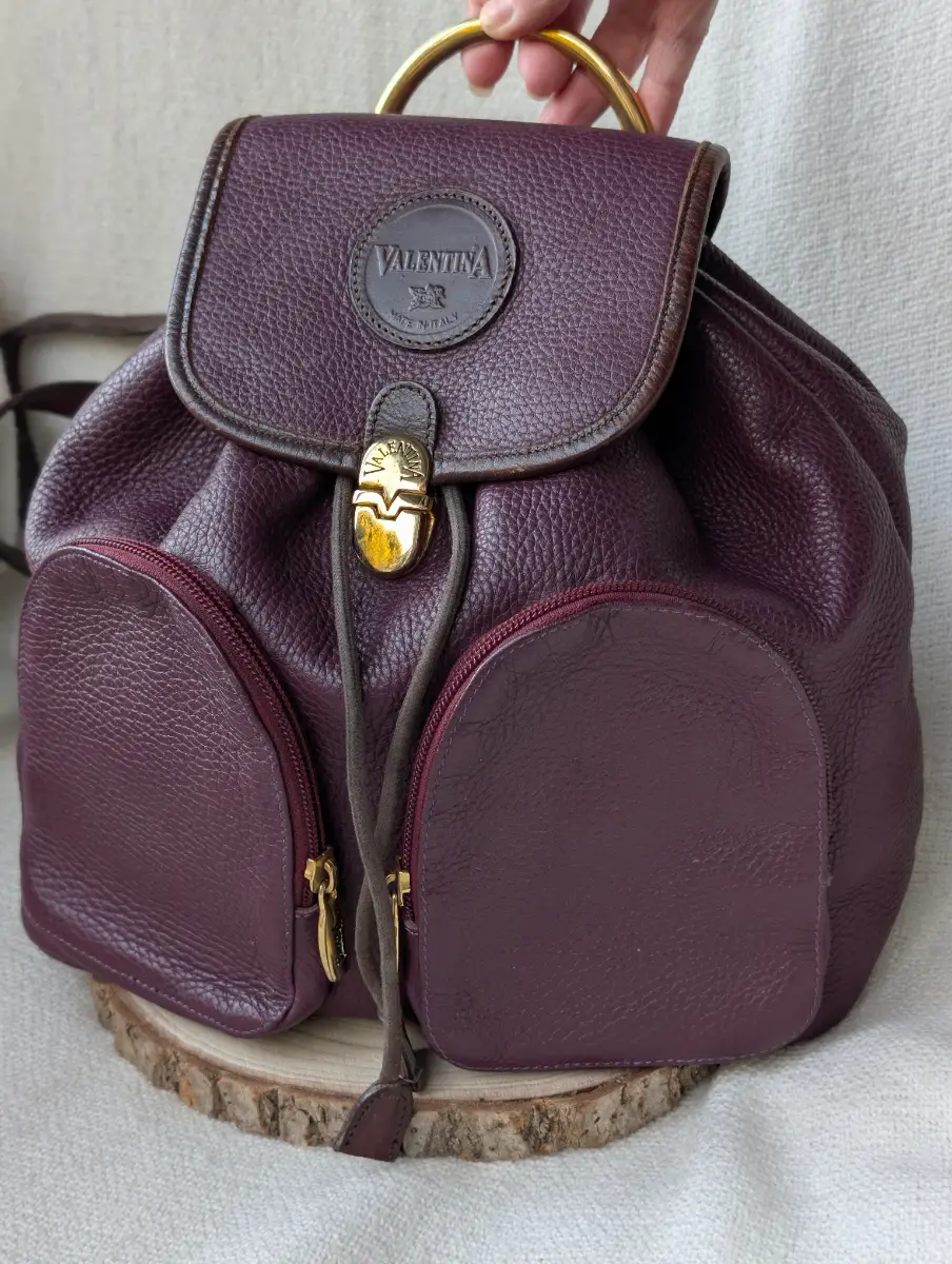 Vintage Valentina Italy Plum Purple Pebble Leather Bucket Backpack/Rucksack 90s