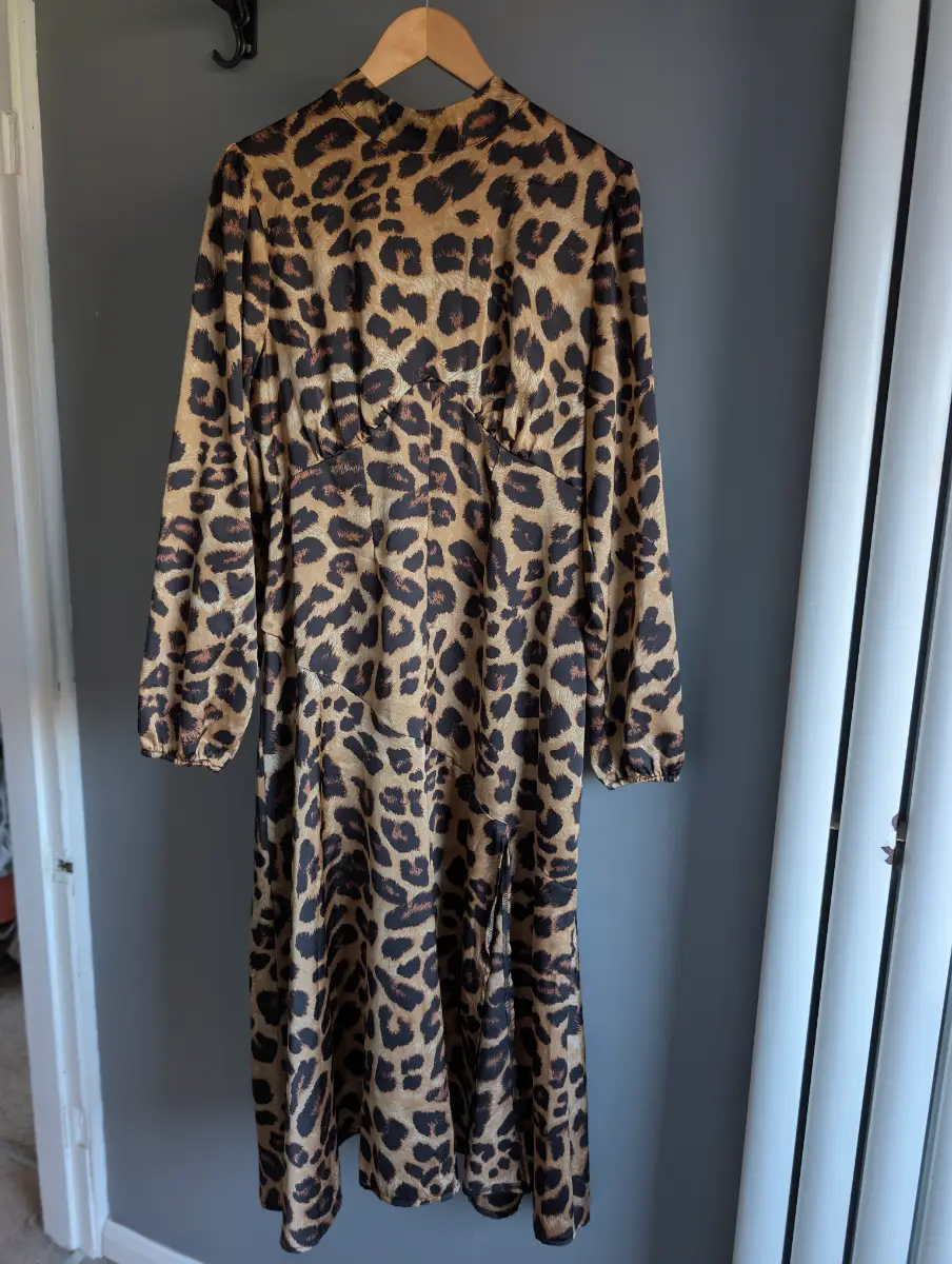 AX Paris Camel Leopard Print Silky High Neck Midi Dress Size 14 side Spilt VGC