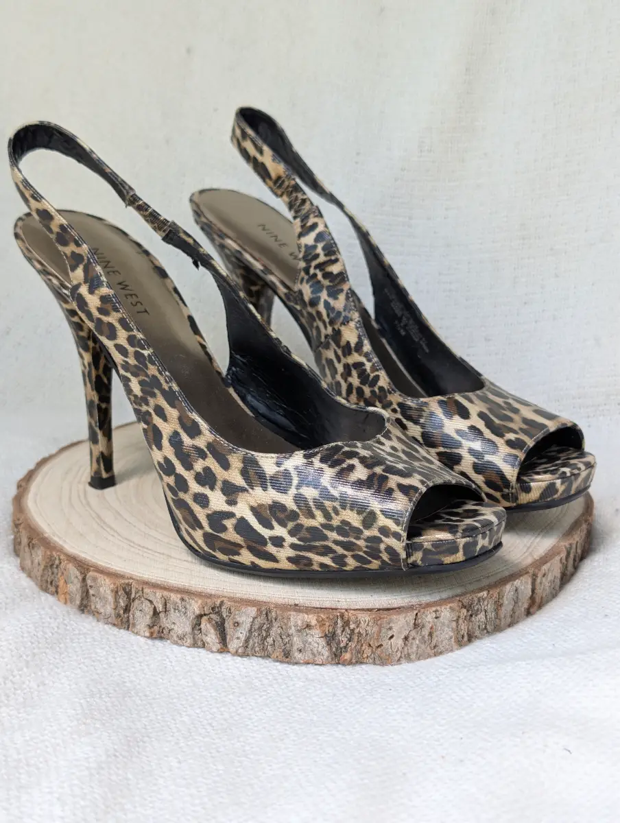 Nine West Leopard Print Sling Back Stilleto Heels Peep Toe US 7.5M UK 5.5