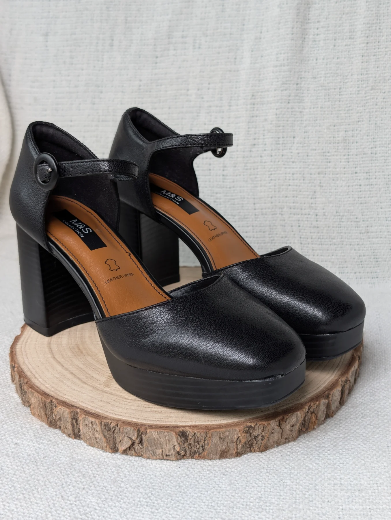 M&S Collection Black Leather Platform Square Toe Block Heels Size 3.5 EU 36 VGC