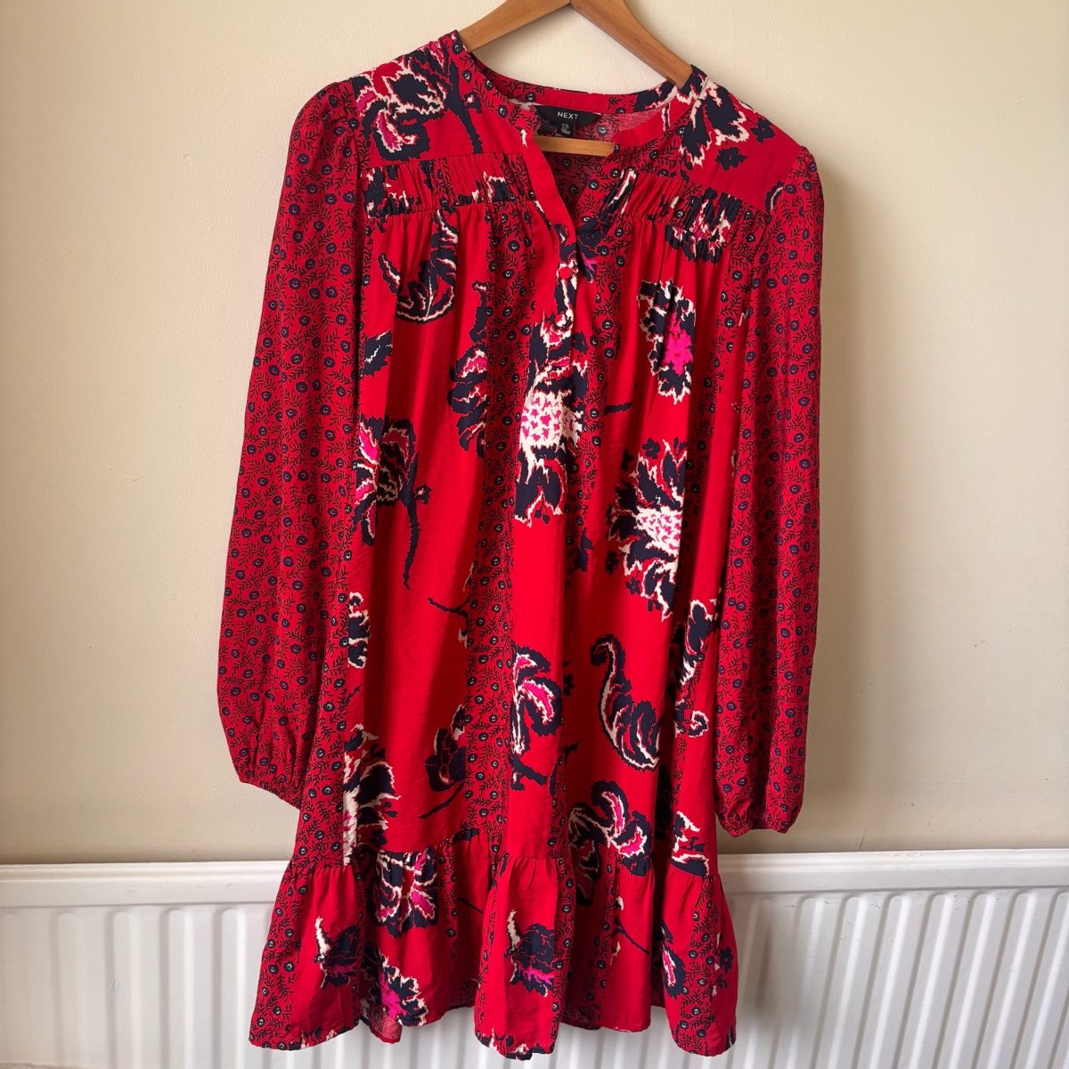 Next Red Floral Print Boho Smock Mini Dress Size UK 10 / EU 38⁠