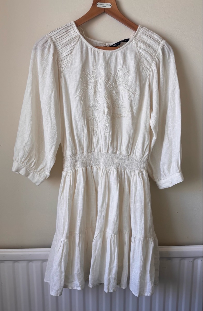 ZARA White Embroidered Cotton Midi Dress Broderie Anglaise Summer Holiday UK 10