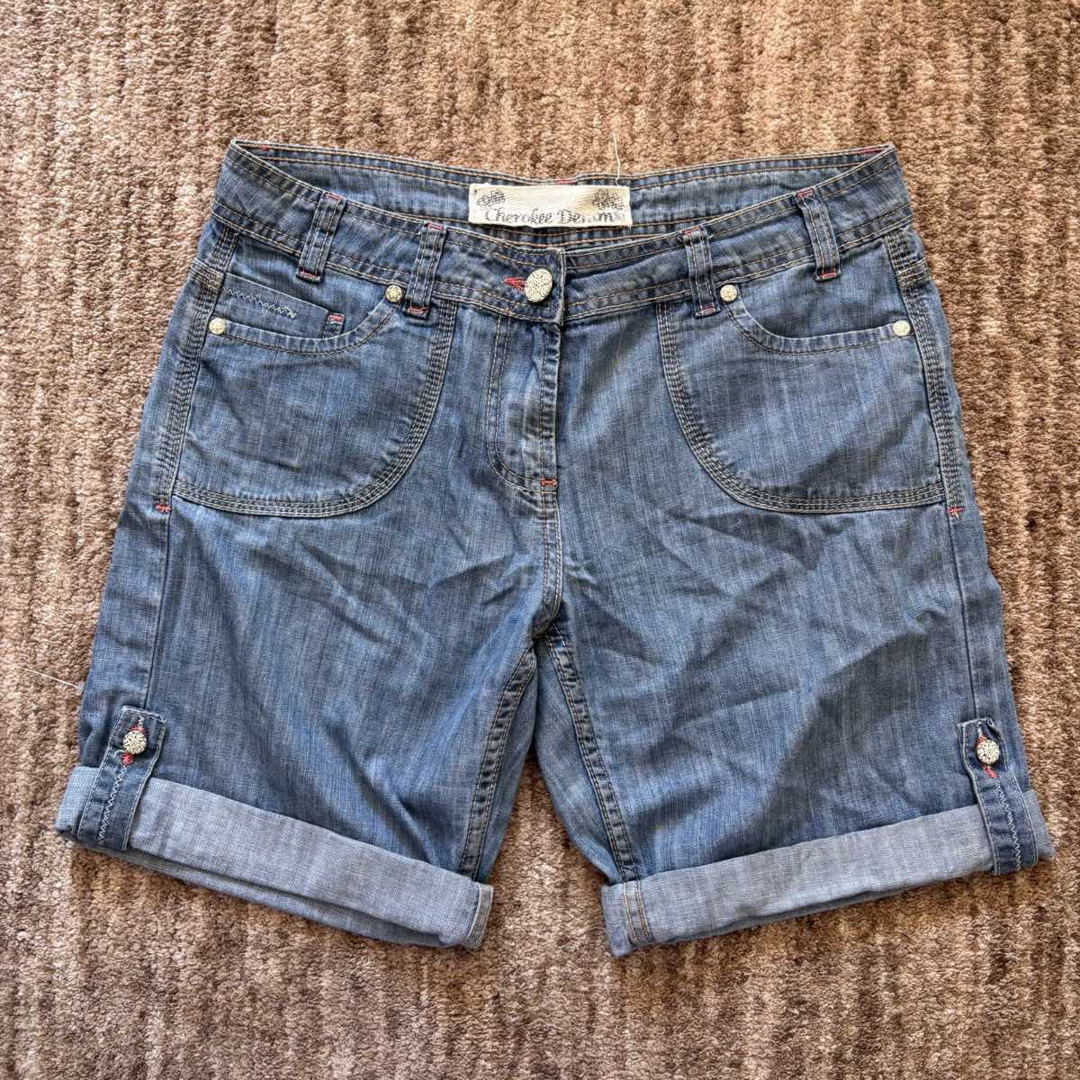 Cherokee Denim Y2K Jean Shorts Size 10 Blue Cuffed Longline Festival Western
