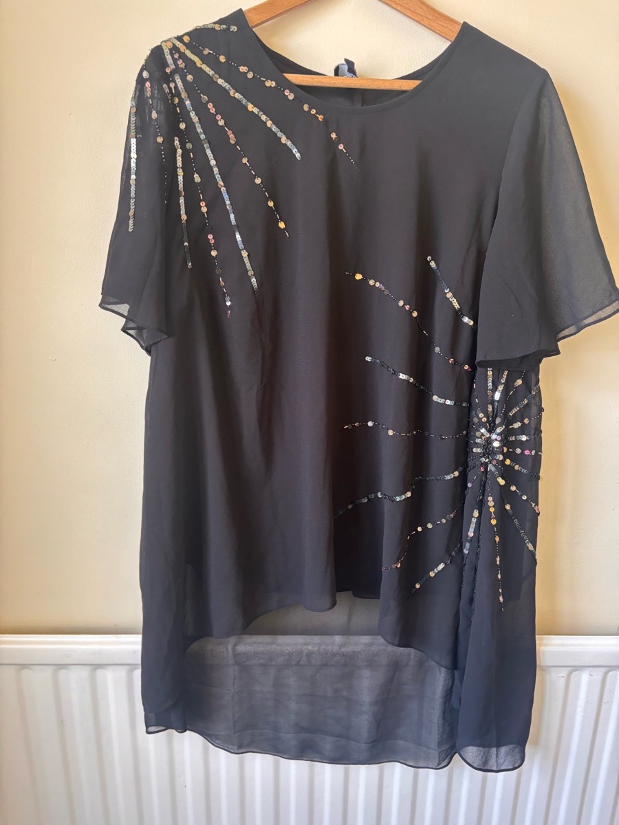 Joanna Hope Black Sequin Chiffon Asymmetric Top - Size UK 20