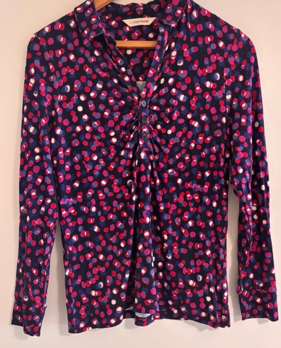 WoolOvers Spotted Ruched V-Neck Blouse Shirt UK Small Polka Dot Collared Top