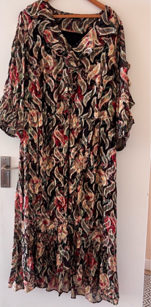 Joanna Hope Metallic Gold Ikat Ruffle Midi Dress NWOT UK 22