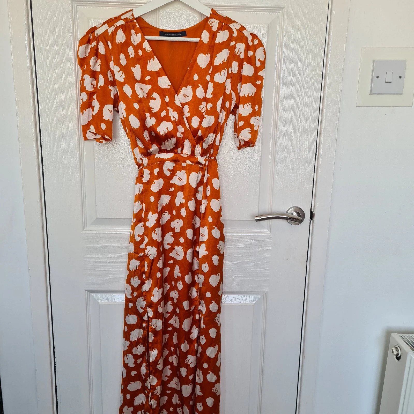 French Connection Orange Printed Maxi Dress UK 8 V-Neck Puff Sleeve Split Leg