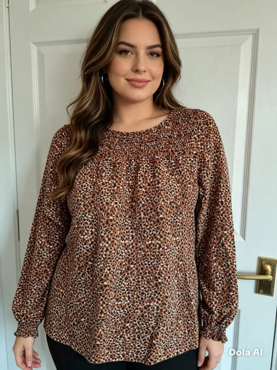 Brown Leopard Print Smocked Blouse – Size 18