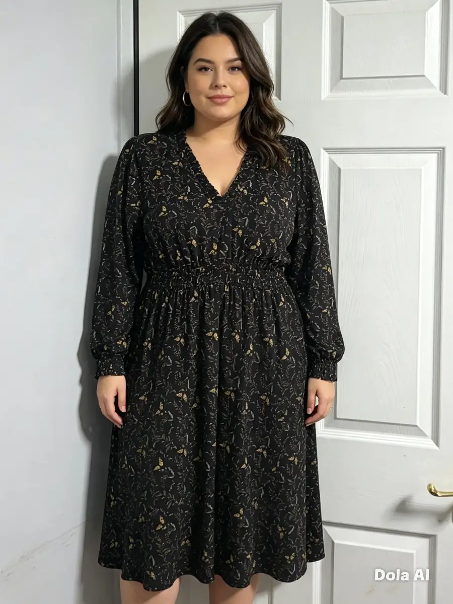 Black Gold Butterfly Print Midi Dress – Size 2