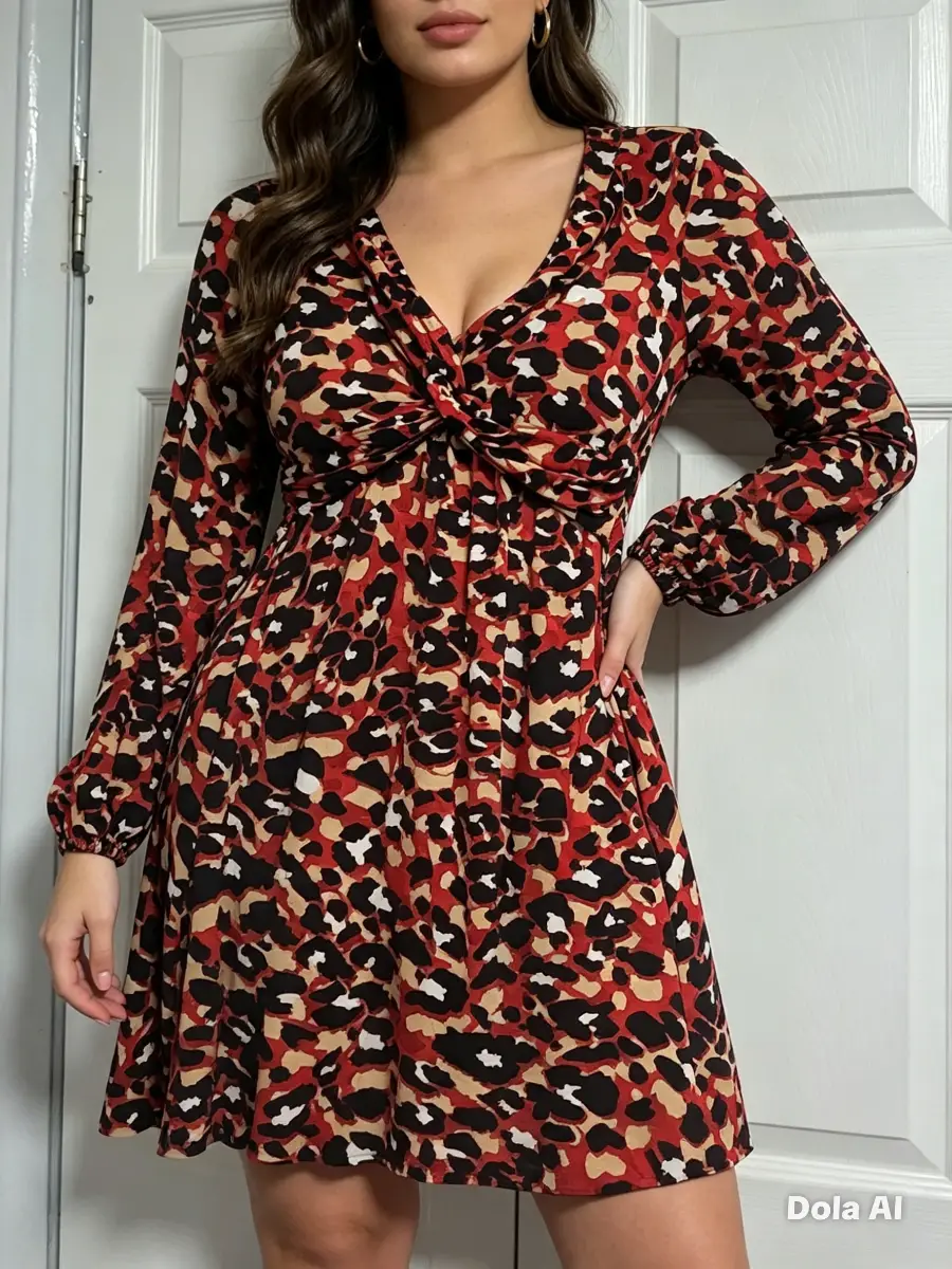 Red Leopard Print Twist Front Mini Dress – Size 14