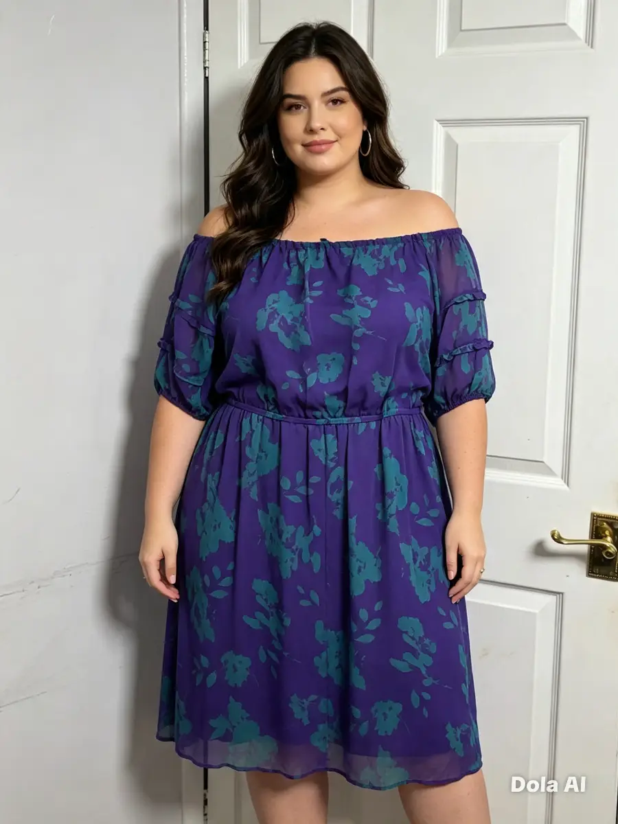 Size 24 Purple Green Floral Off-Shoulder Dress