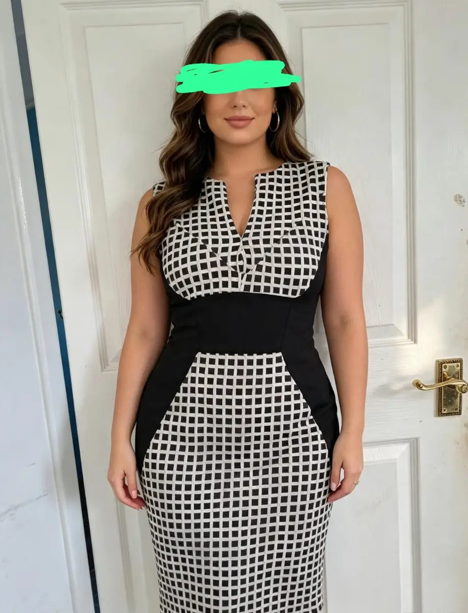 Black & White Grid Bodycon Midi Dress – Size 16