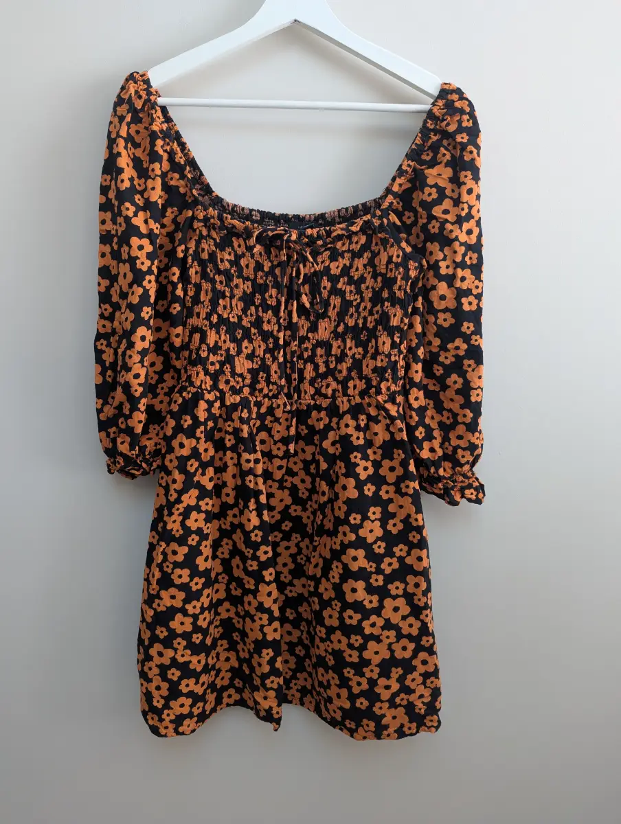 New Look Orange Floral Mini Dress Linen Blend Size 14