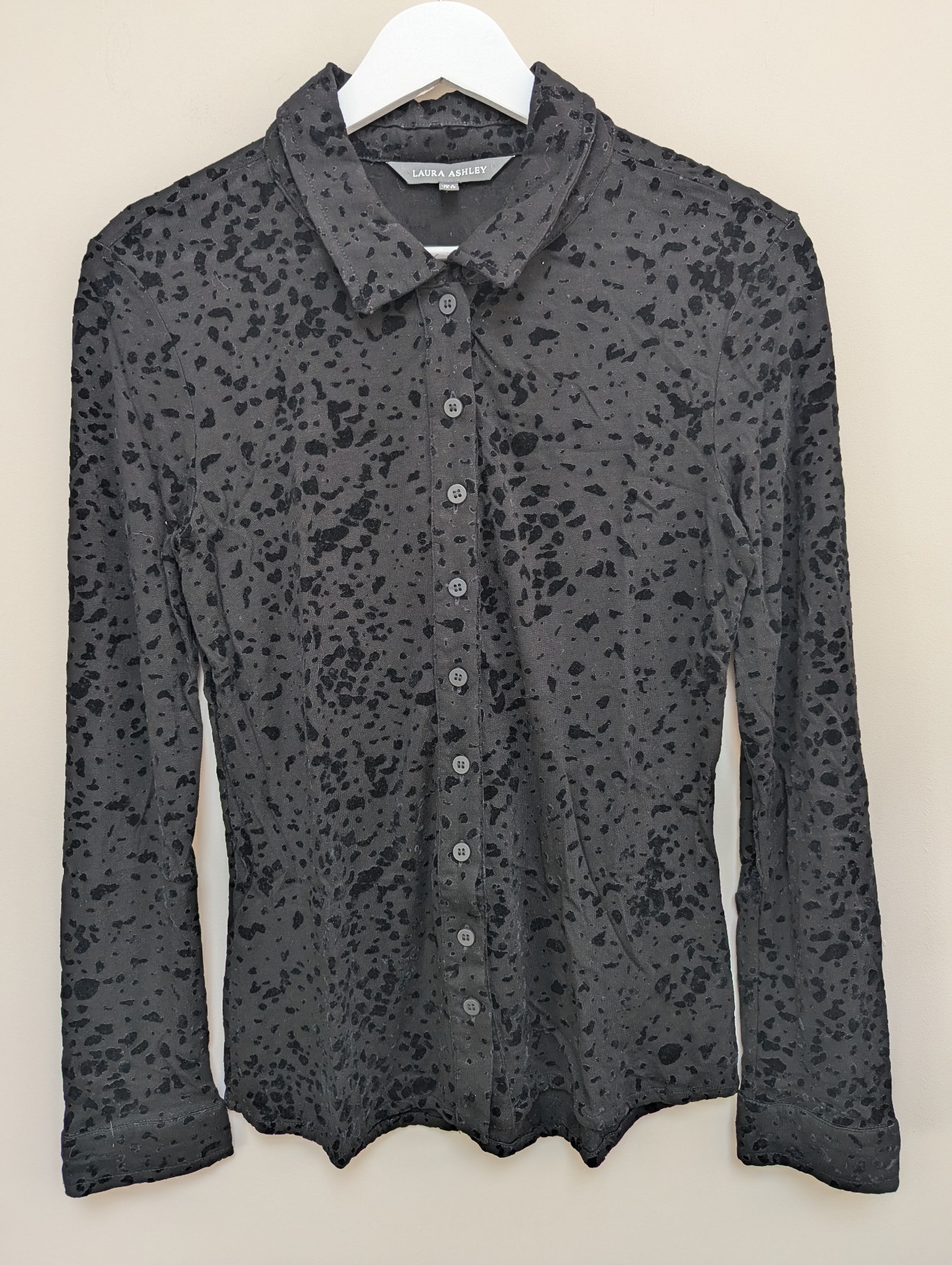 Laura Ashley Black Blouse Animal Print Velvet Detail Size 8