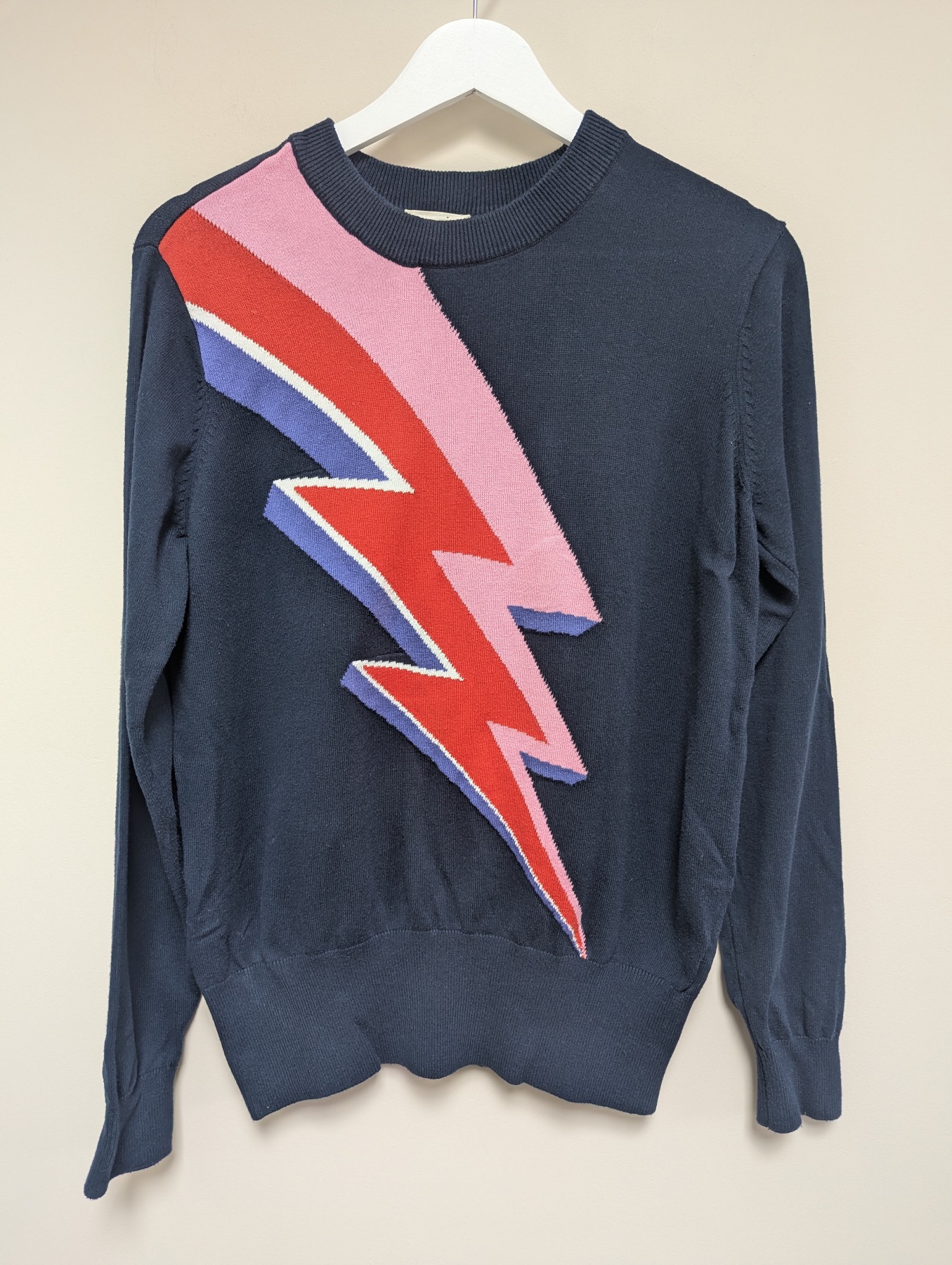 Joanie Navy Lightning Bolt Knitted Jumper Size Medium Long Sleeve