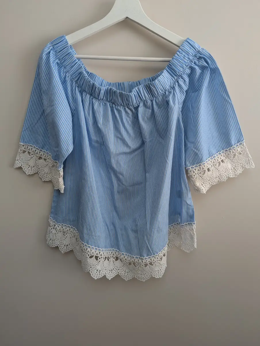 New Look Blue Striped Off Shoulder Top Lace Trims Summer Size 16