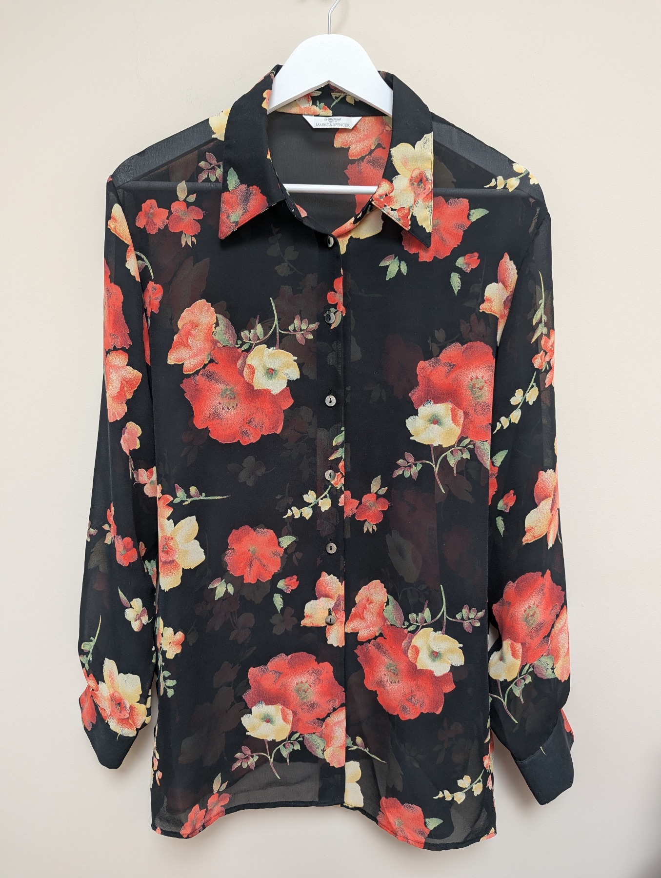 St Michael Sheer Floral Blouse Size UK 14 Black Long Sleeves Vintage M&S
