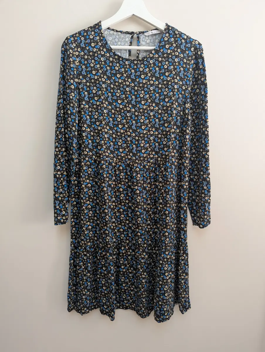 TU Floral Dress Long Sleeve Shift Tiered Black Blue Size 12