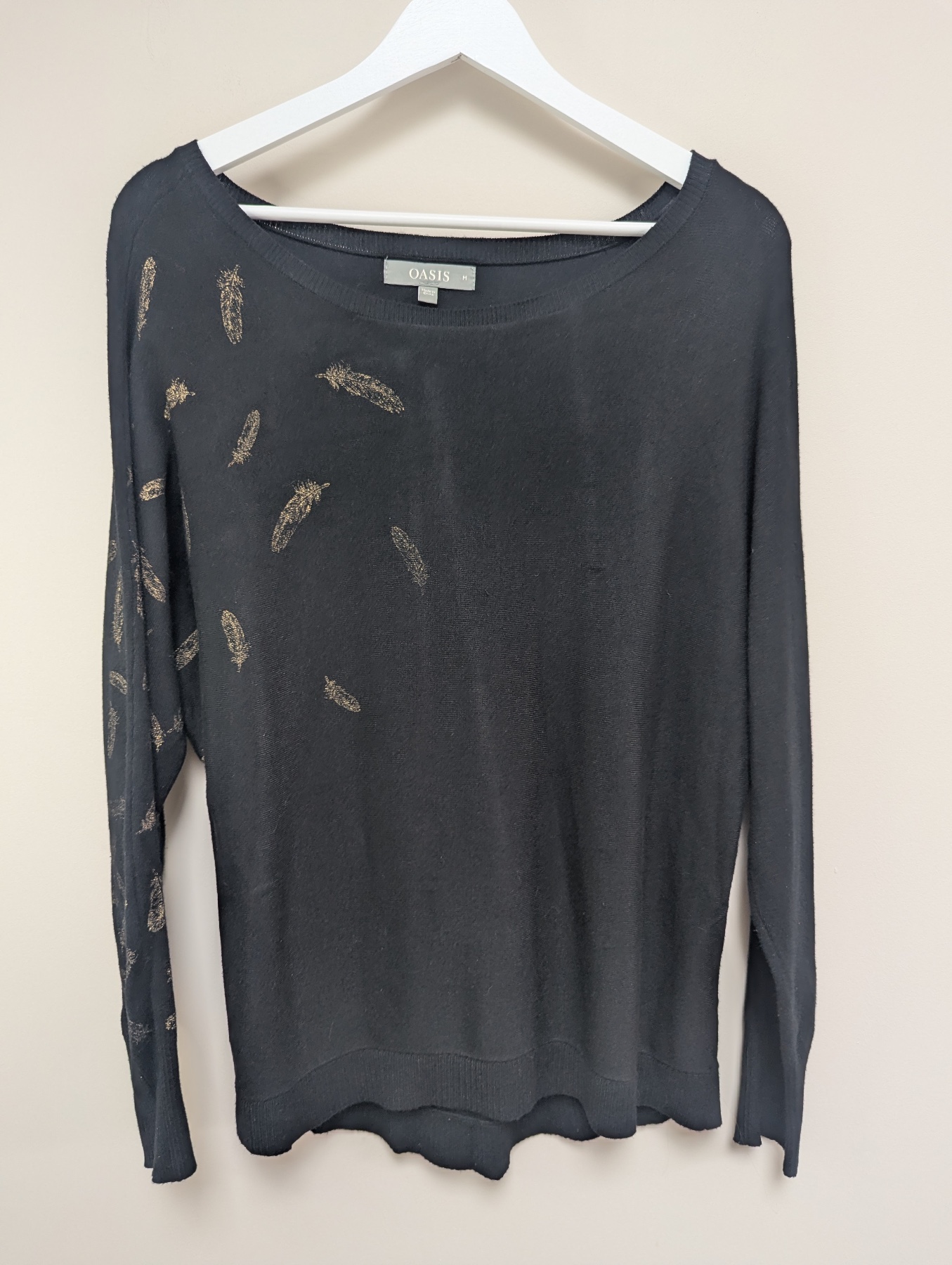 Oasis Black Gold Leaf Detail Jumper Size M Knitted Stretch