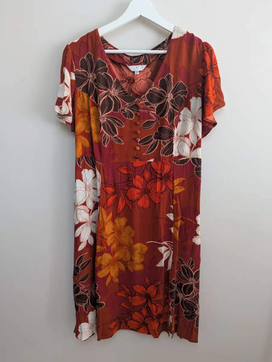 Julipa Floral Button Front Dress Crinkle Shift Autumn Tones Short Sleeve Size 16