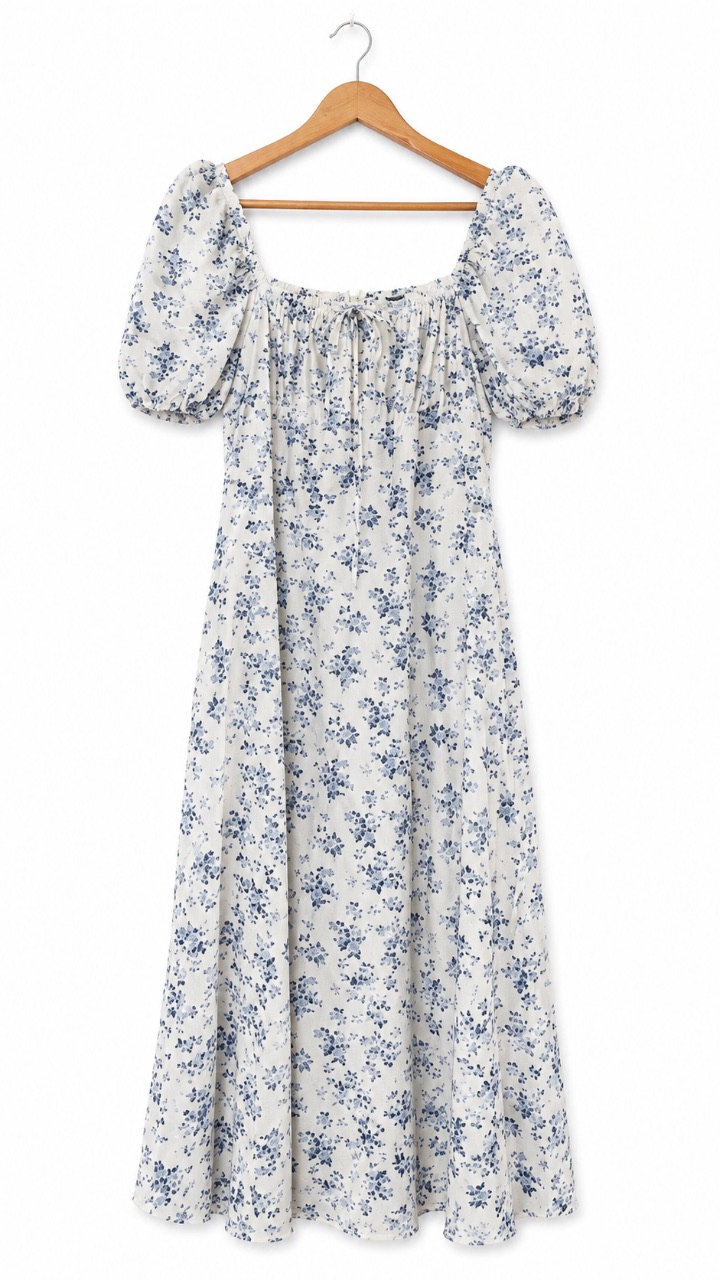White & blue floral puff sleeve midi dress