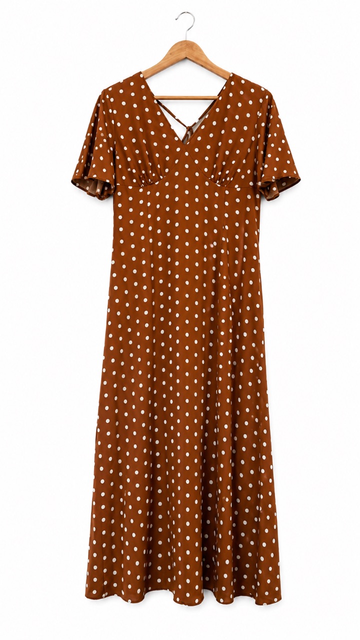 Brown Polka Dot Midi Dress Flutter Sleeve Tea Dress