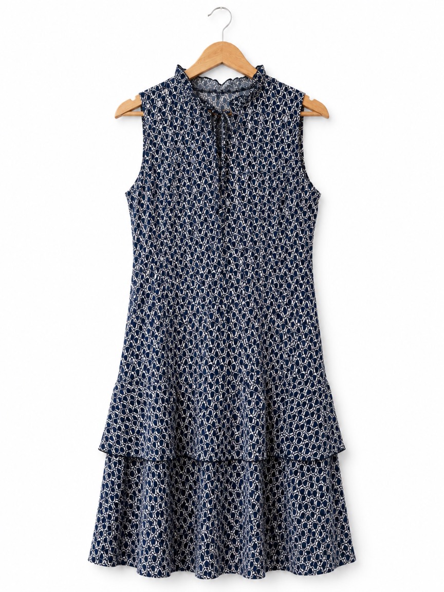 Women's Geometric Print Bow Tie Dress, Tiered Layer below Design, Casual Elegant Dress  .