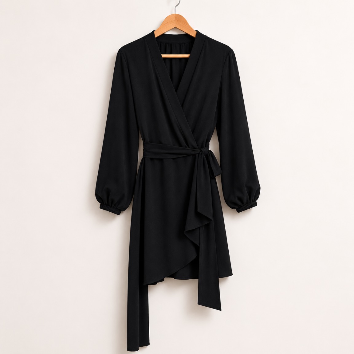 Black Wrap Mini Dress with Tie Waist – Elegant Long Sleeve Dress.