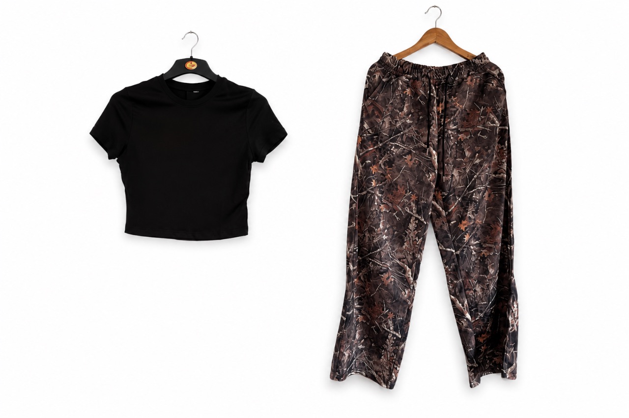 Camo Wide Leg Trousers & Black Top Set. M