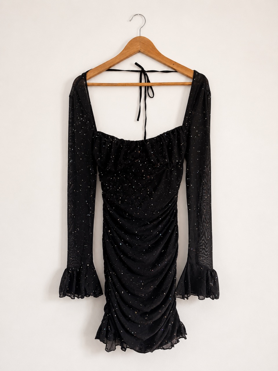 Black Glitter Ruched Mini Dress .