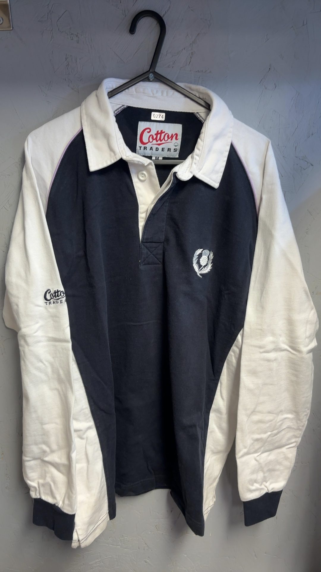 Cotton Traders Scotland Navy & White Rugby Shirt Medium Embroidered Logo good condition