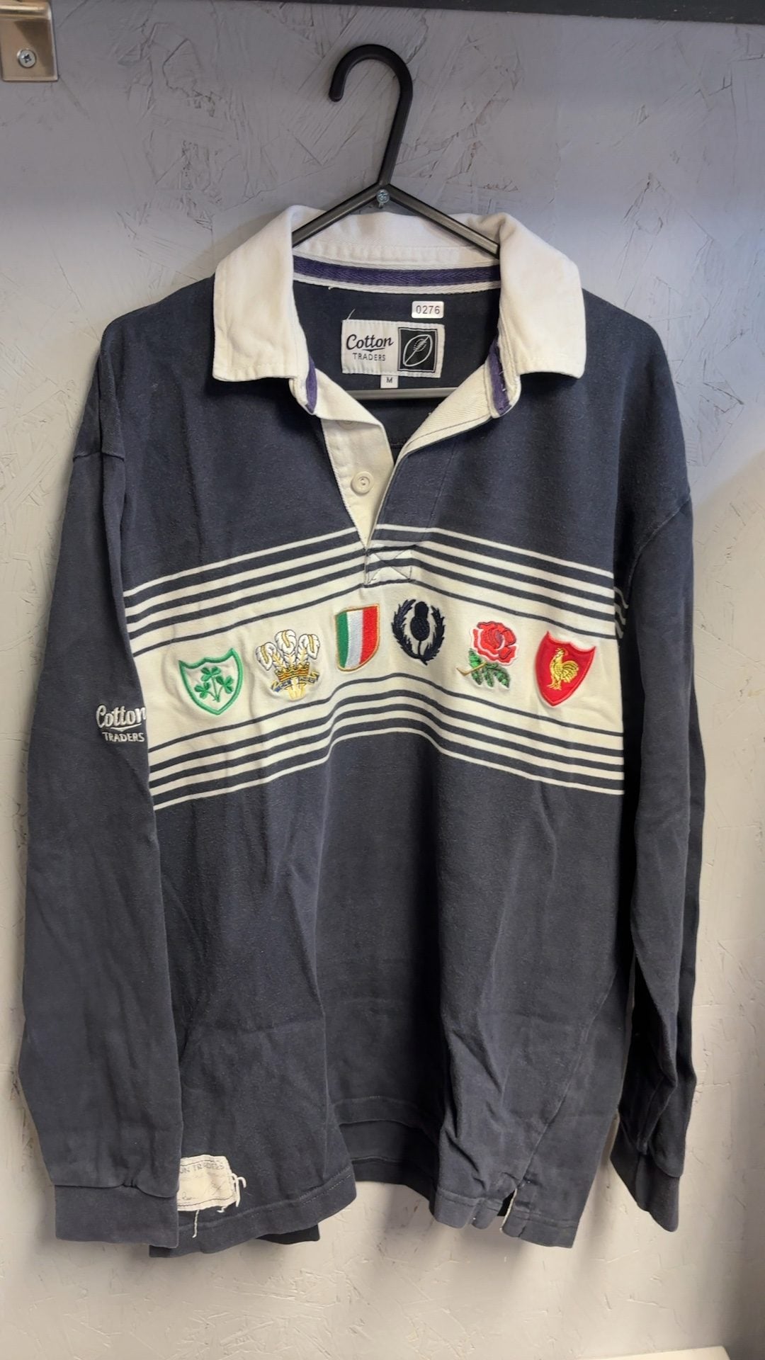 Cotton Traders Navy & White 6 Nartions Rugby Shirt Medium Embroidered Crest good condition